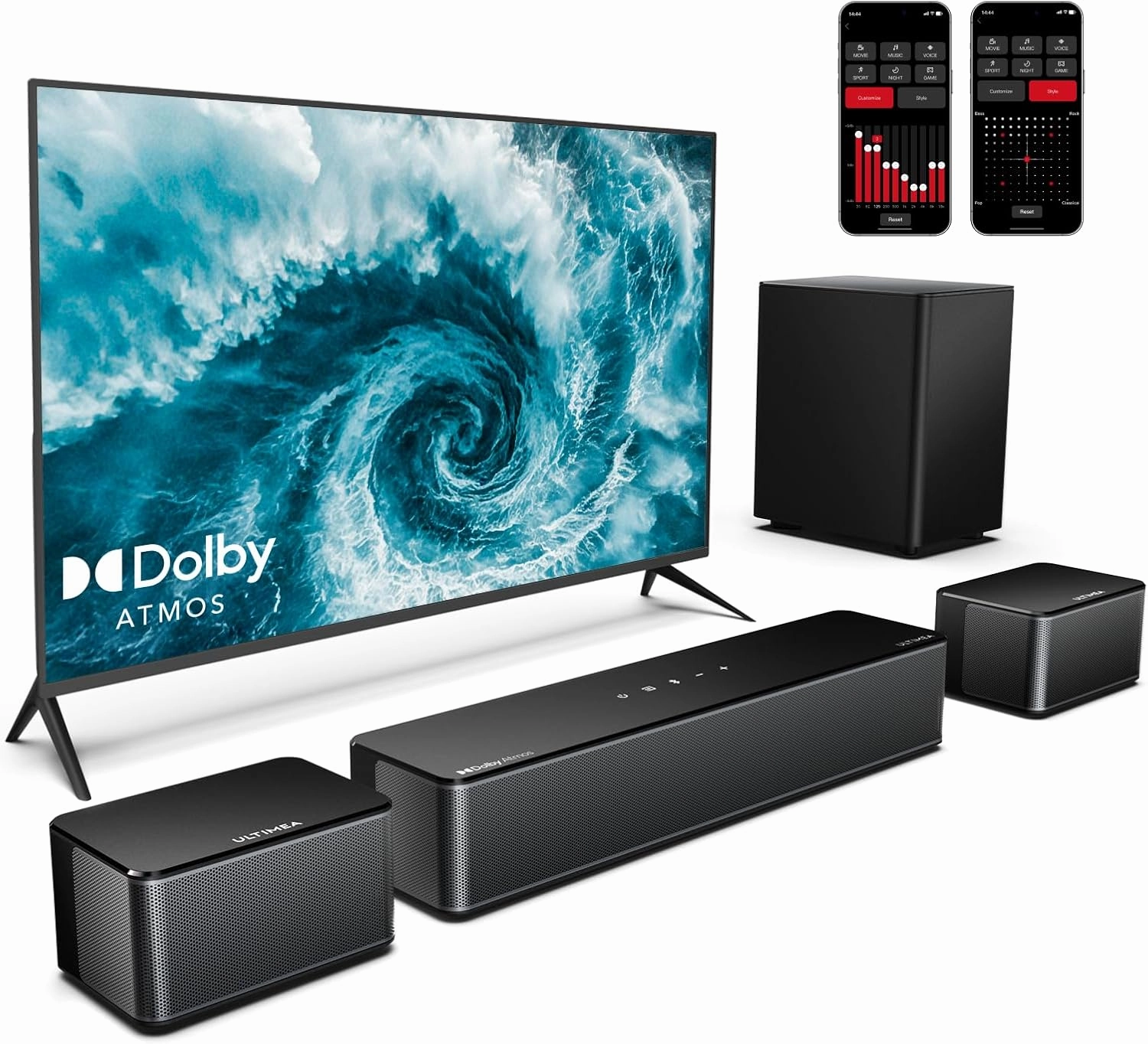 ULTIMEA 5.1 Sound Bar with Dolby Atmos, 410W Peak Power, Surround Sound System for Smart TV, APP Control, Surround and Bass Adjustable, Home Theater with Subwoofer, Poseidon D60 (2025 New Model) surround sound system,cinema audio kit,5.1 surround package,