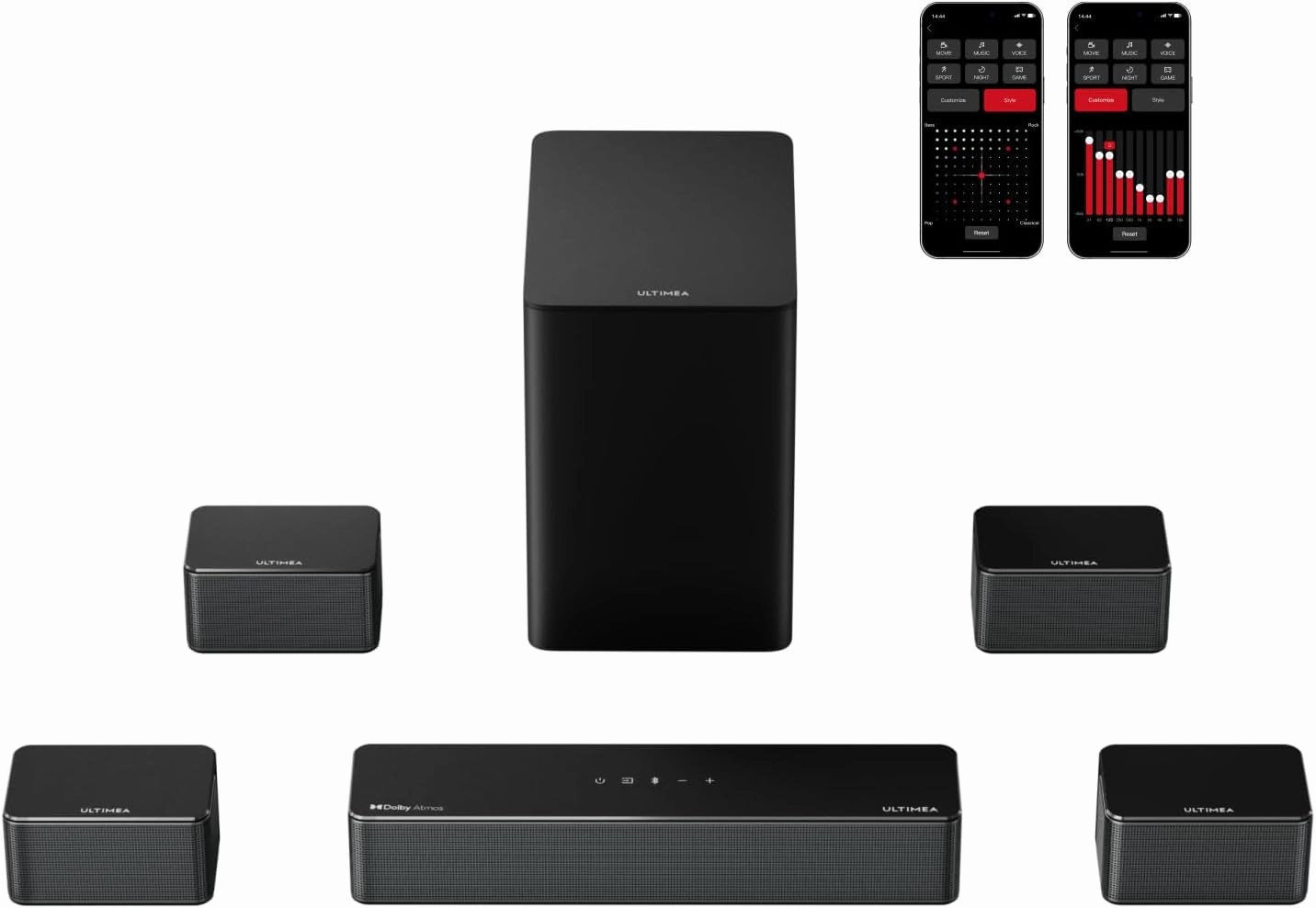 ULTIMEA 7.1 Surround Sound System for TV with Dolby Atmos, 460W Sound Bar for TV with 6.5" Subwoofer, APP Control, 4 Wired Surround Speakers, Home Theater Sound System, Poseidon D80 (2025 Upgrade) surround sound system,cinema audio kit,5.1 surround pa