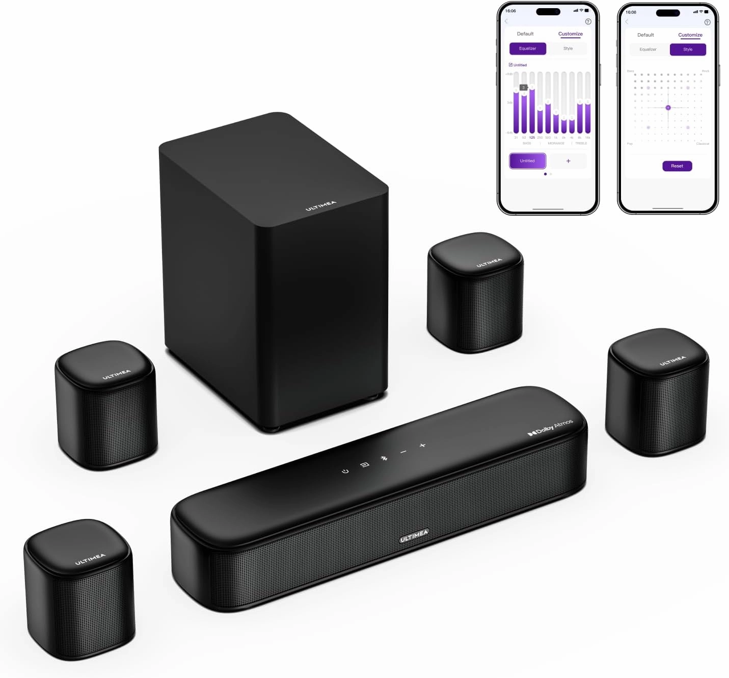 ULTIMEA 7.1ch Sound Bar with Dolby Atmos, Surround Sound System for TV with 4 Surround Speakers, Sound Bar for Smart TV with App Control, Soundbar with Subwoofer for Home Theater, HDMI eARC, Aura A60 surround sound system,cinema audio kit,5.1 surround pack