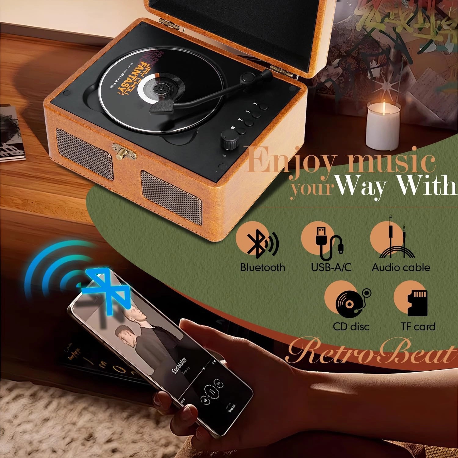 Ultra-Compact Portable Rechargeable Bluetooth CD Player | Minimalist Design | AUX/USB/TF Card Playback & Headphone Output | Hi-Fi Audiophile Stereo | 2200 mAh Built-in Battery | RetroBeat (Brown)