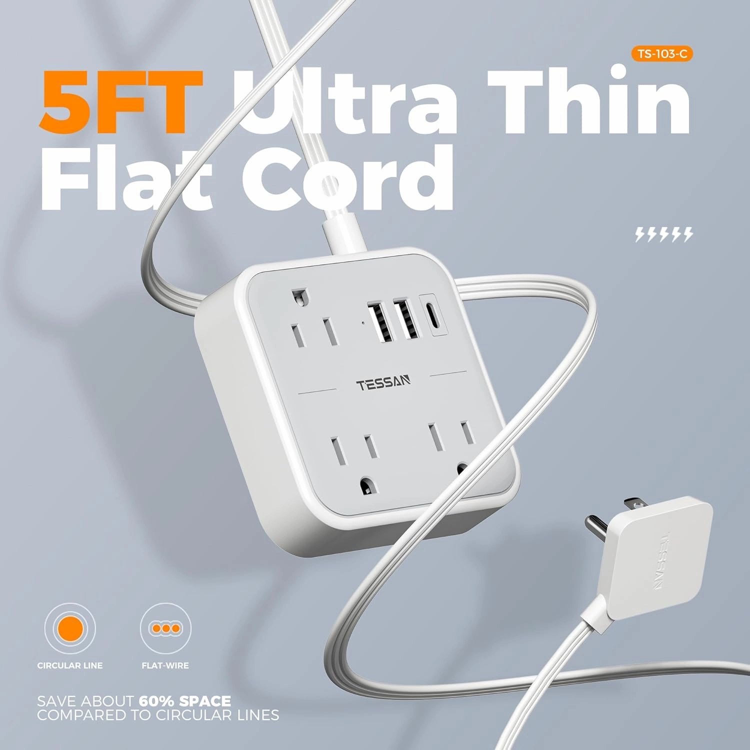 Ultra Thin Flat Extension Cord 5 FT, TESSAN Slim Power Strip with USB Ports (1 USB C), Surge Protector Flat Plug Wall Charger with 3 Outlets for Office, School, Dorm Room Essentials