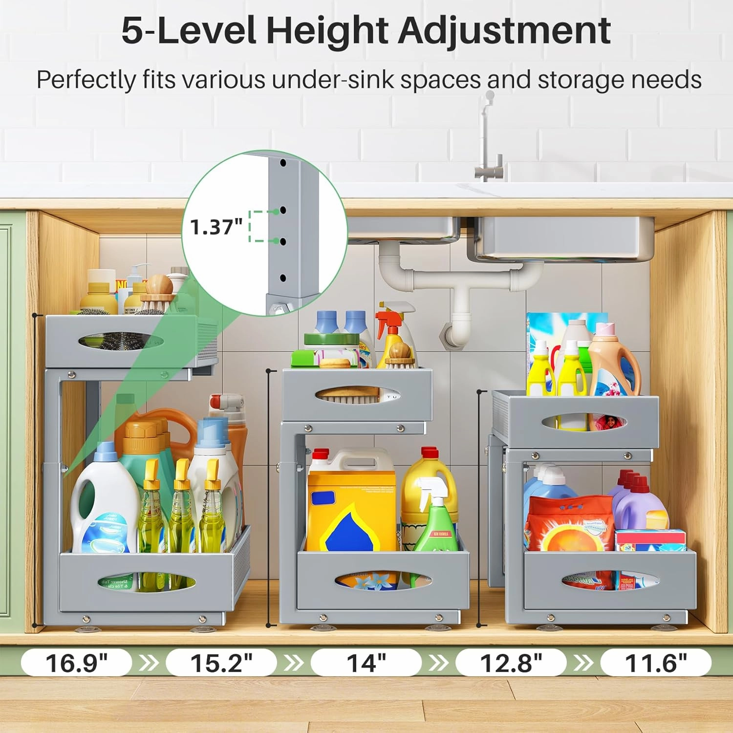 Under Sink Organizer, 2 Pack 2 Tier Pull out Cabinet Organizer Baskets with Mesh Sliding Drawers, Slide out Sink Storage Shelves for Home, Kitchen, Bathroom, Pantry, Office Organizers and Storag,Grey
