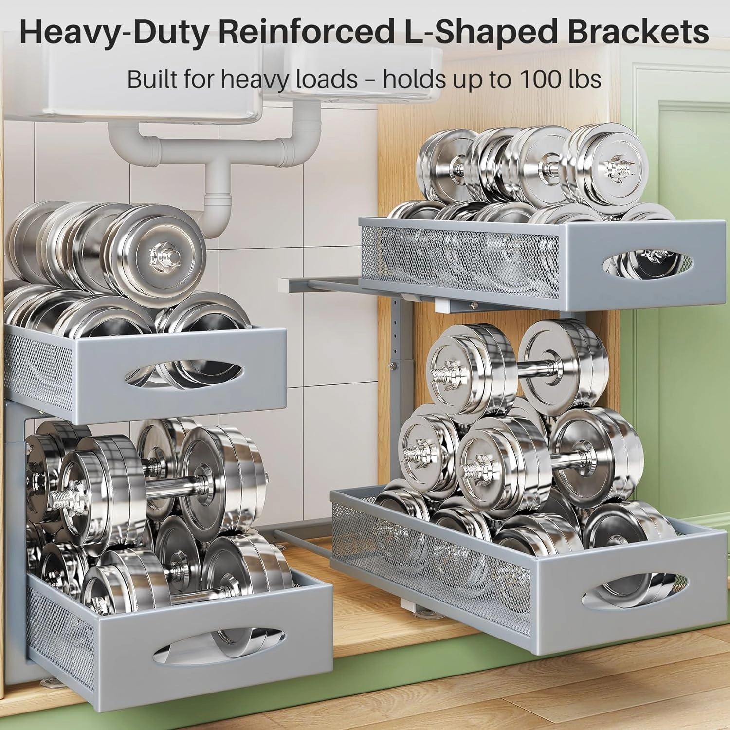 Under Sink Organizer, 2 Pack 2 Tier Pull out Cabinet Organizer Baskets with Mesh Sliding Drawers, Slide out Sink Storage Shelves for Home, Kitchen, Bathroom, Pantry, Office Organizers and Storag,Grey