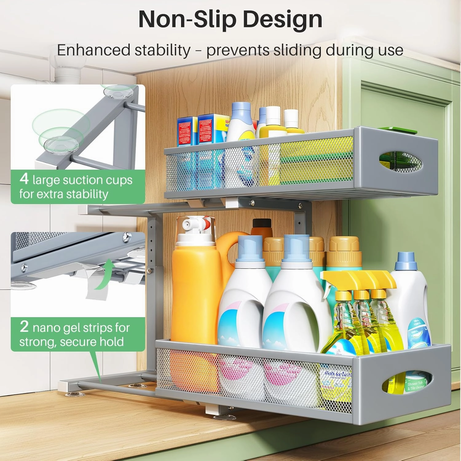 Under Sink Organizer, 2 Pack 2 Tier Pull out Cabinet Organizer Baskets with Mesh Sliding Drawers, Slide out Sink Storage Shelves for Home, Kitchen, Bathroom, Pantry, Office Organizers and Storag,Grey