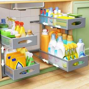 Under Sink Organizer, 2 Pack 2 Tier Pull out Cabinet Organizer Baskets with Mesh Sliding Drawers, Slide out Sink Storage Shelves for Home, Kitchen, Bathroom, Pantry, Office Organizers and Storag,Grey equipment cabinet,AV gear cabinet,component enclosure,