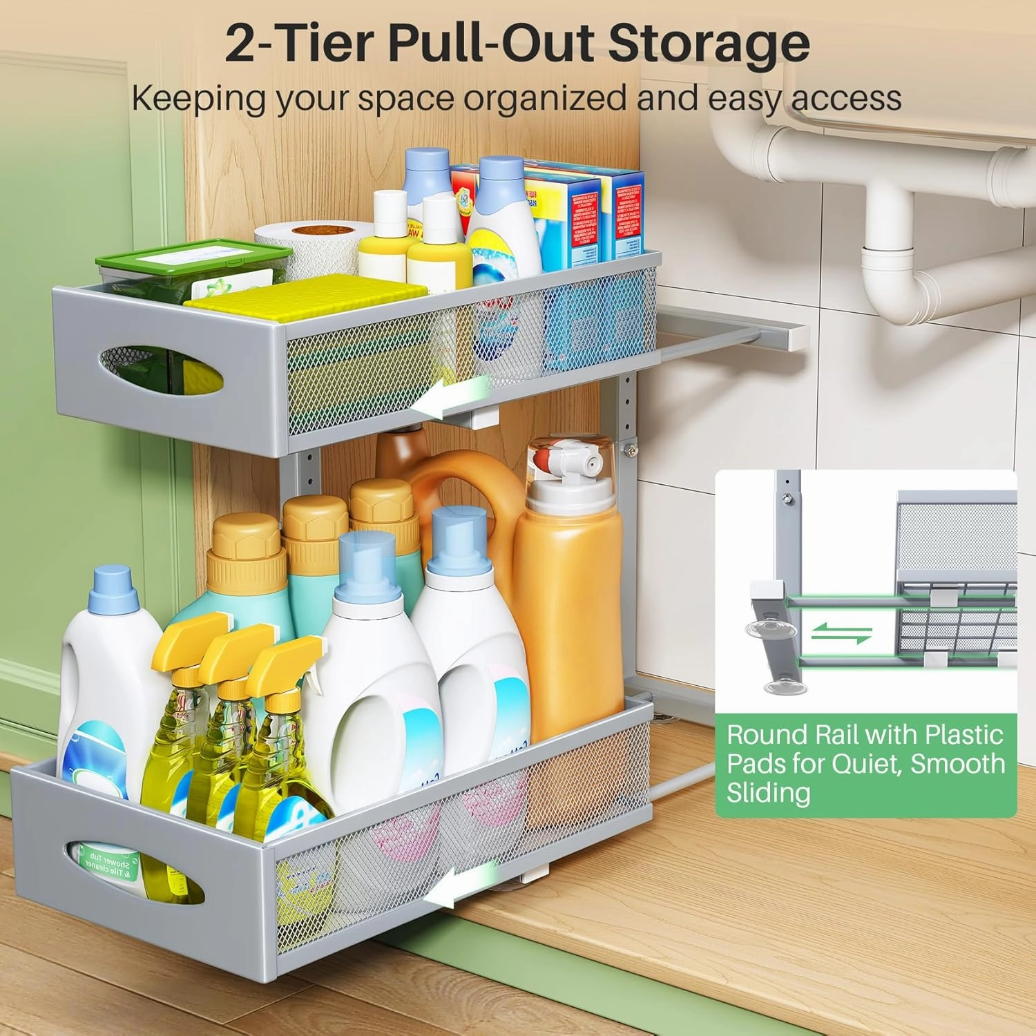 Under Sink Organizer, 2 Pack 2 Tier Pull out Cabinet Organizer Baskets with Mesh Sliding Drawers, Slide out Sink Storage Shelves for Home, Kitchen, Bathroom, Pantry, Office Organizers and Storag,Grey
