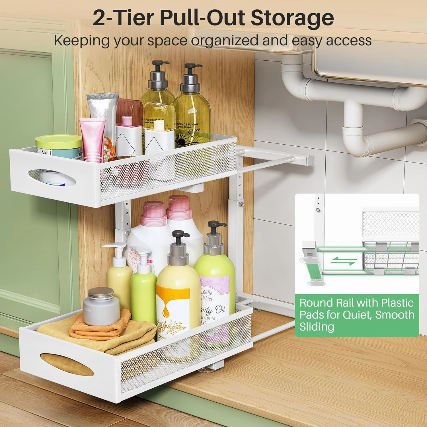 Under Sink Organizer, 2 Pack 2 Tier Pull out Cabinet Organizer Baskets with Mesh Sliding Drawers, Slide out Sink Storage Shelves for Kitchen, Bathroom, Pantry, Cabinet Organizers and Storage(White)