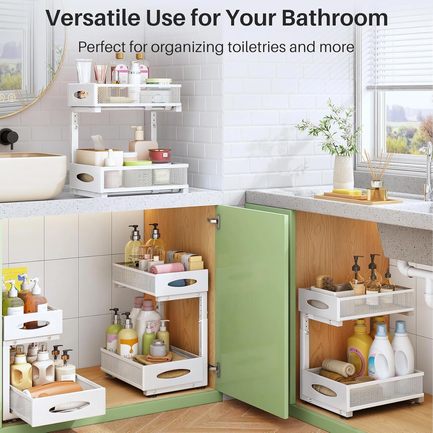 Under Sink Organizer, 2 Pack 2 Tier Pull out Cabinet Organizer Baskets with Mesh Sliding Drawers, Slide out Sink Storage Shelves for Kitchen, Bathroom, Pantry, Cabinet Organizers and Storage(White)