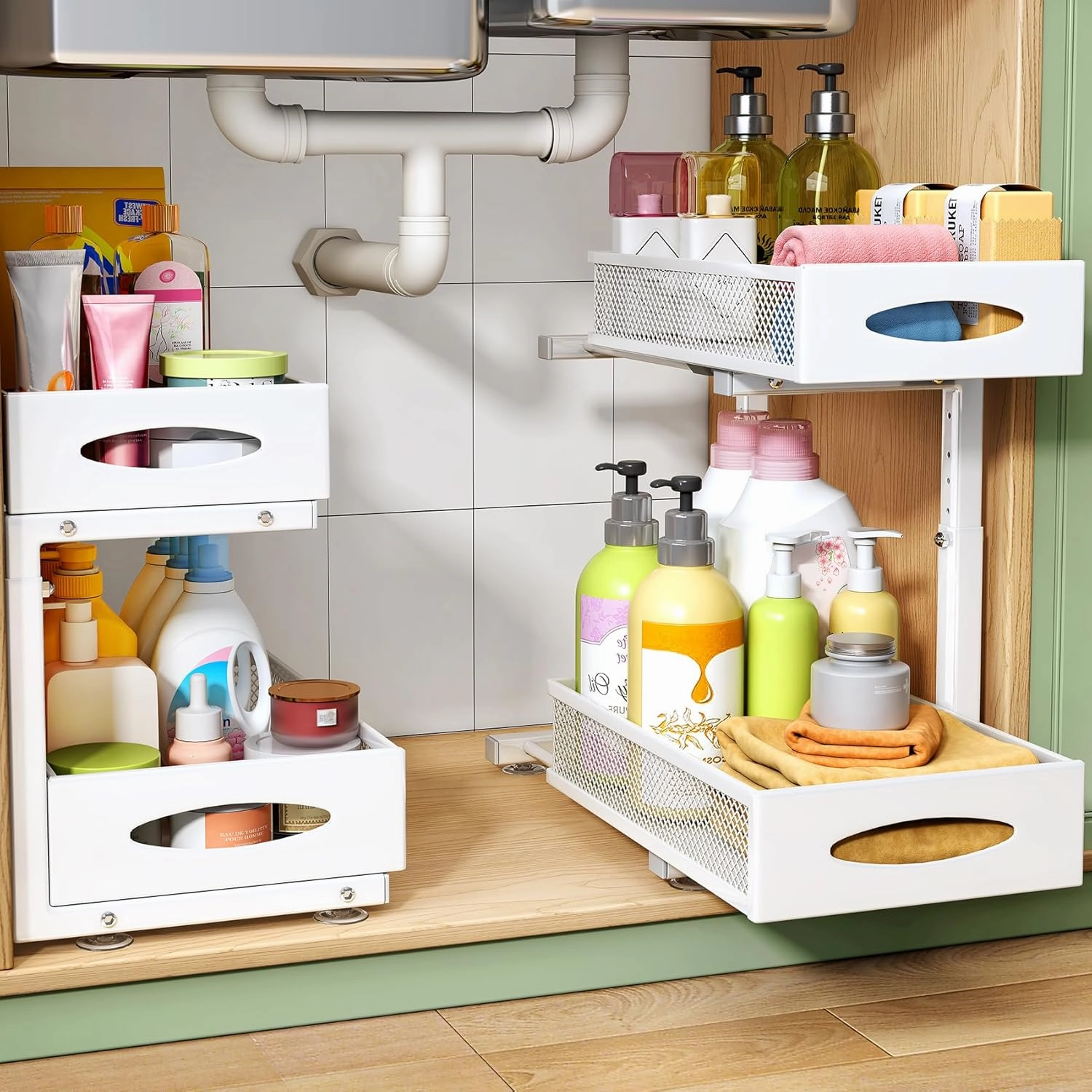 Under Sink Organizer, 2 Pack 2 Tier Pull out Cabinet Organizer Baskets with Mesh Sliding Drawers, Slide out Sink Storage Shelves for Kitchen, Bathroom, Pantry, Cabinet Organizers and Storage(White) equipment cabinet,AV gear cabinet,component enclosure,