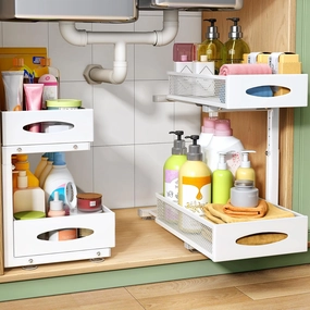 Under Sink Organizer, 2 Pack 2 Tier Pull out Cabinet Organizer Baskets with Mesh Sliding Drawers, Slide out Sink Storage Shelves for Kitchen, Bathroom, Pantry, Cabinet Organizers and Storage(White) equipment cabinet,AV gear cabinet,component enclosure,
