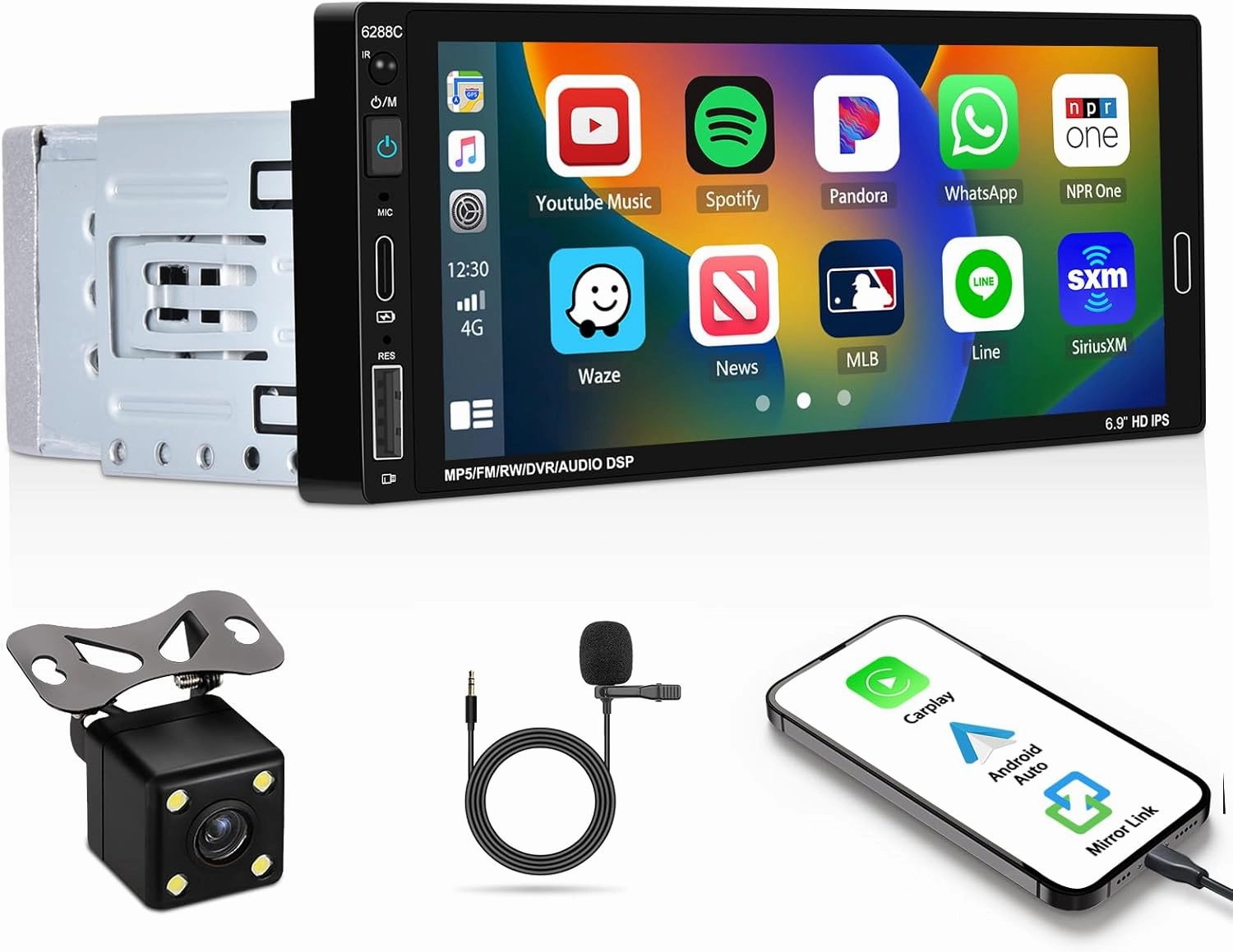 UNITOPSCI Single Din Bluetooth Car Stereo Compatible with Apple CarPlay Android Auto 6.86 Inch Touch Screen Car MP5 Player Mirror Link FM Radio USB Type-C DVR SWC   Backup Camera Remote Control Mic audio interface,USB interface,music recording input,