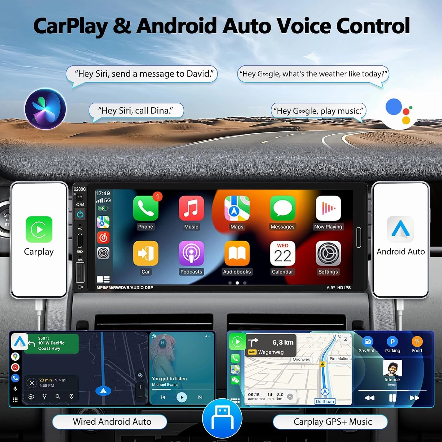 UNITOPSCI Single Din Bluetooth Car Stereo Compatible with Apple CarPlay Android Auto 6.86 Inch Touch Screen Car MP5 Player Mirror Link FM Radio USB Type-C DVR SWC   Backup Camera Remote Control Mic