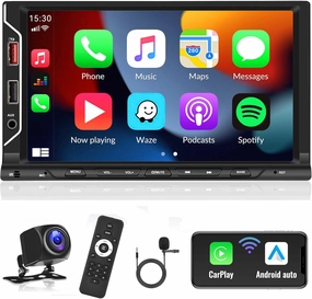 UNITOPSCI Wireless Double Din Apple CarPlay Car Stereo Android Auto Car Radio, 7 Inch HD Touch Screen Bluetooth Subwoofer Out MP5 Player Mirror Link FM/USB/AUX/Fast Charge Backup Camera Remote Control audio interface,USB interface,music recording input,