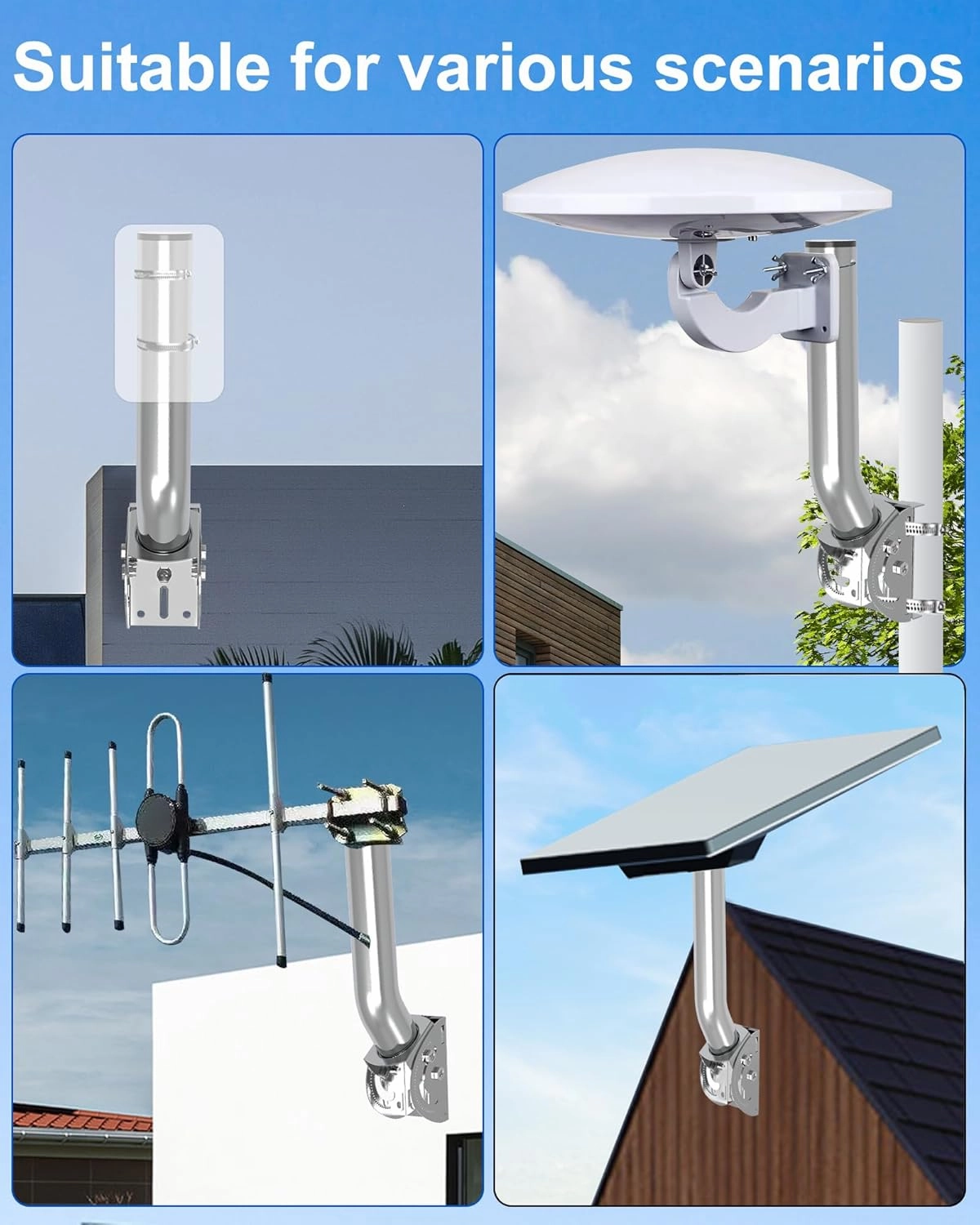 Universal Antenna Pole Mount, 12''(H) - 1.38 Stainless Steel Pole and Wall-Mounted Mounting Bracket Mast Kit for Outdoor TV Antennas, Access Point, Weather Station, Wireless Bridge CPE and More