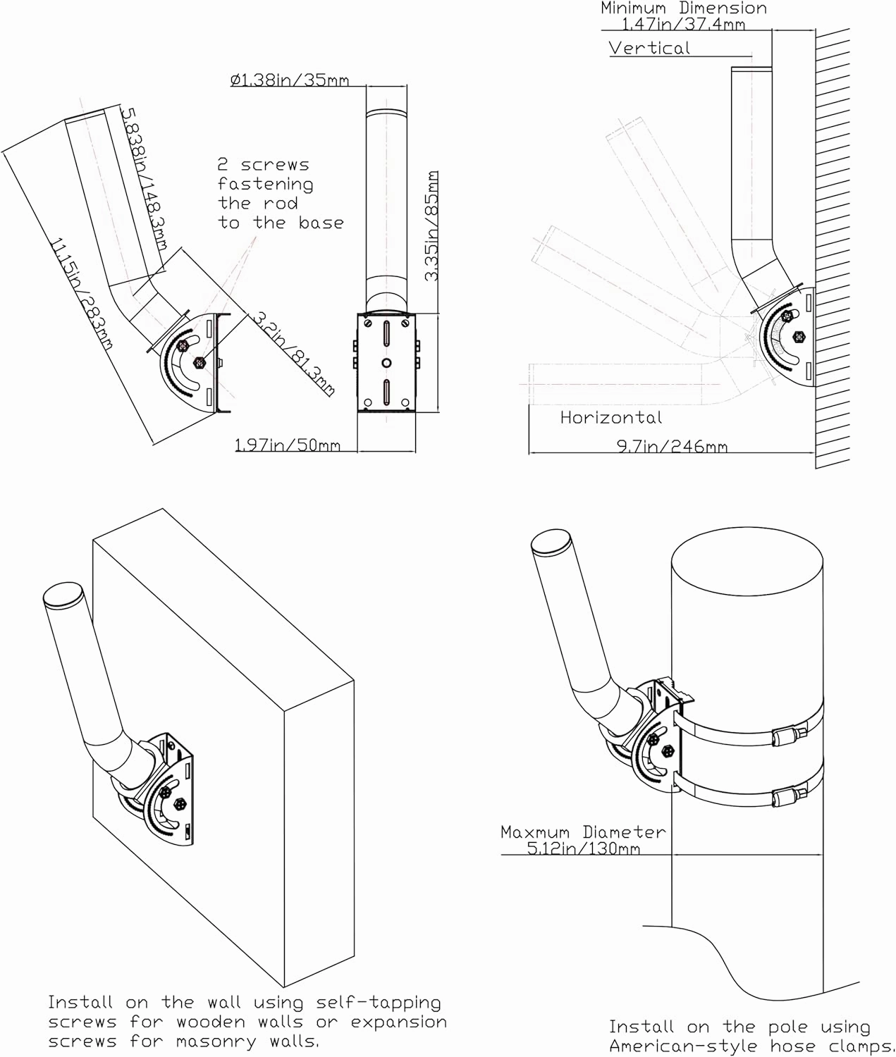 Universal Antenna Pole Mount, 12''(H) - 1.38 Stainless Steel Pole and Wall-Mounted Mounting Bracket Mast Kit for Outdoor TV Antennas, Access Point, Weather Station, Wireless Bridge CPE and More