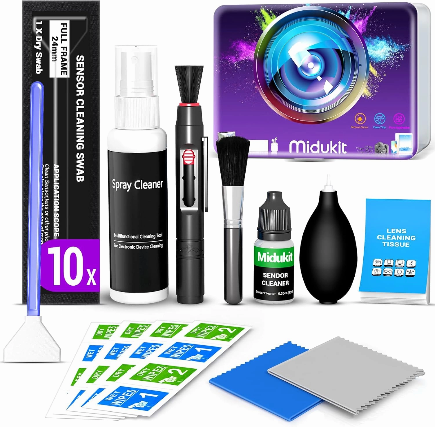 Updated Camera Lens and Sensor Cleaning Kit for Full Frame DSLR - 10x Swabs, Cleaner, and Essentials for Canon, Nikon, Sony record cleaning kit,vinyl cleaner,stylus brush set,