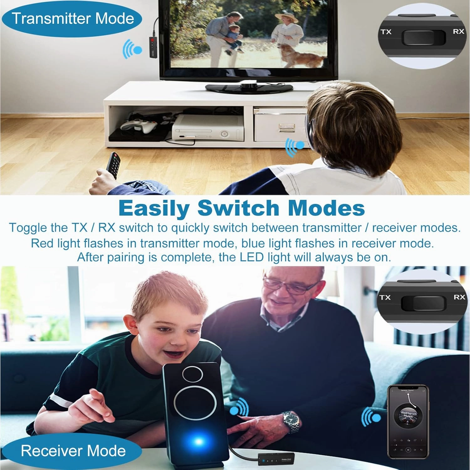 Upgraded Bluetooth 5.3 Transmitter Receiver 3-in-1, Isobel Wireless 3.5mm Audio Adapter for TV PC Headphones Home Sounds System Car/CD-Like Voice Enjoyment