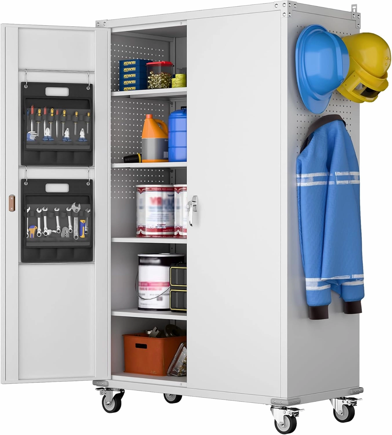 Upgraded Wide and Deep Garage Storage Cabinet with Wheels and Doors,Metal Storage Cabinet with Pegboards and 4 Adjustable Shelves for Garage Home Basement,Required Assembly,White,43.3"Wx21.9"Dx72"H equipment cabinet,AV gear cabinet,component