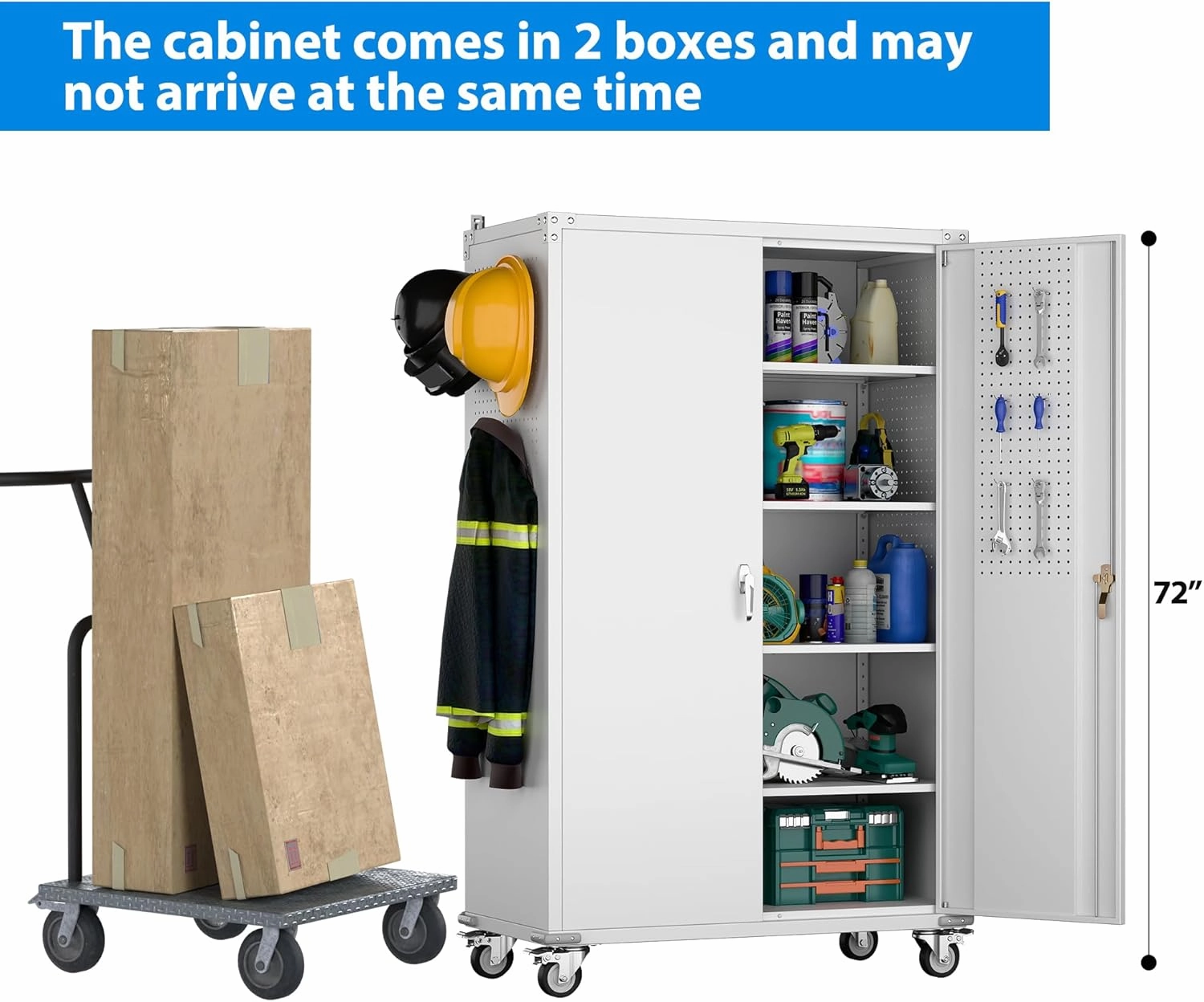 Upgraded Wide and Deep Garage Storage Cabinet with Wheels and Doors,Metal Storage Cabinet with Pegboards and 4 Adjustable Shelves for Garage Home Basement,Required Assembly,White,43.3"Wx21.9"Dx72"H