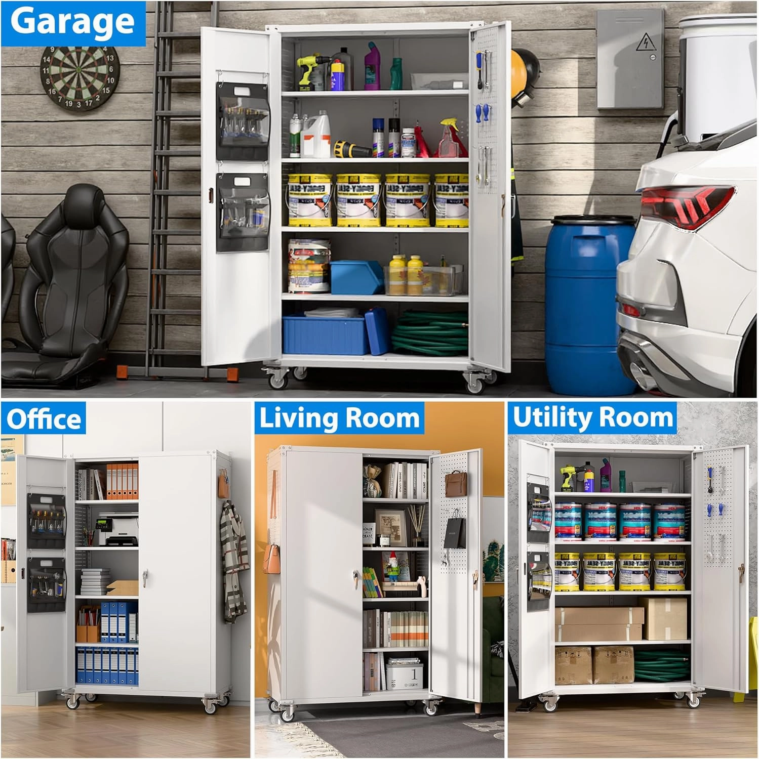 Upgraded Wide and Deep Garage Storage Cabinet with Wheels and Doors,Metal Storage Cabinet with Pegboards and 4 Adjustable Shelves for Garage Home Basement,Required Assembly,White,43.3"Wx21.9"Dx72"H