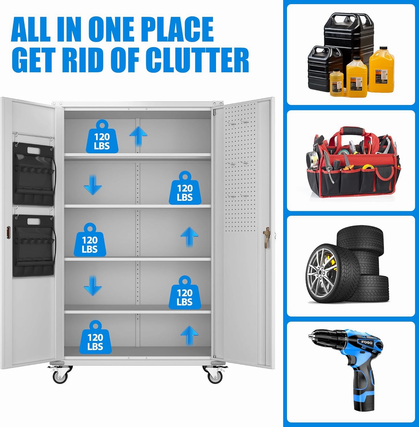 Upgraded Wide and Deep Garage Storage Cabinet with Wheels and Doors,Metal Storage Cabinet with Pegboards and 4 Adjustable Shelves for Garage Home Basement,Required Assembly,White,43.3"Wx21.9"Dx72"H