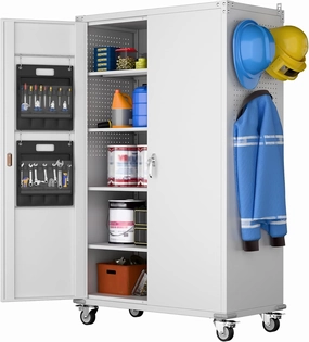 Upgraded Wide and Deep Garage Storage Cabinet with Wheels and Doors,Metal Storage Cabinet with Pegboards and 4 Adjustable Shelves for Garage Home Basement,Required Assembly,White,43.3"Wx21.9"Dx72"H equipment cabinet,AV gear cabinet,component
