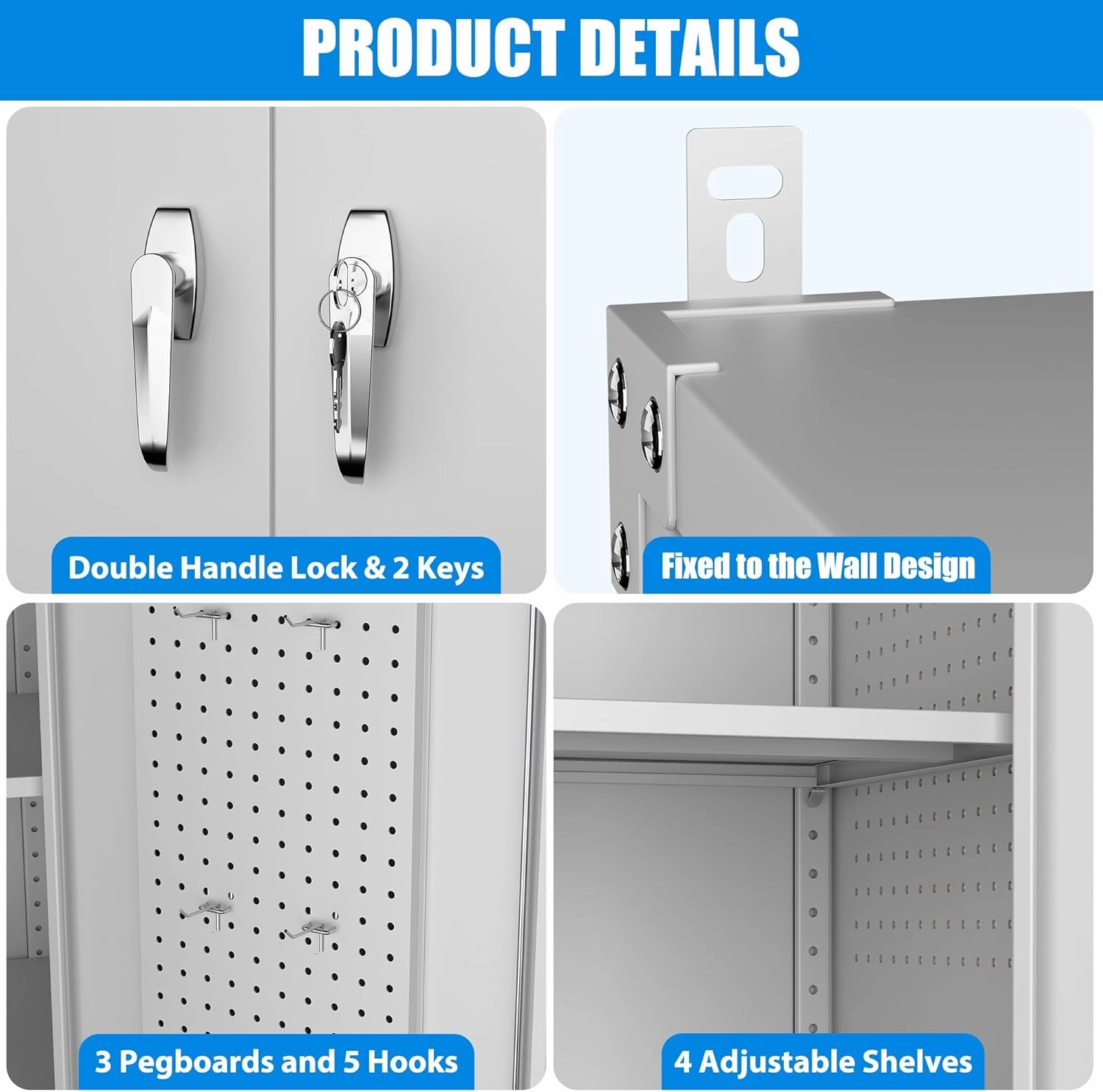 Upgraded Wide and Deep Garage Storage Cabinet with Wheels and Doors,Metal Storage Cabinet with Pegboards and 4 Adjustable Shelves for Garage Home Basement,Required Assembly,White,43.3"Wx21.9"Dx72"H