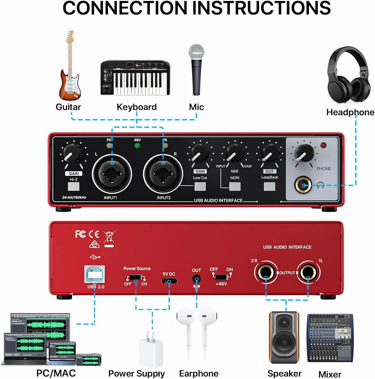 USB Audio Interface for PC Computer Recording Music, Red 2x2 Guitar Audio Interface for Mac 24Bit/192kHz Podcasting Streaming for Vocalist Producer with 48V Phantom Power