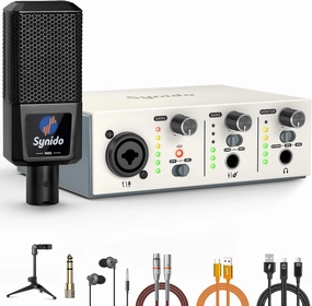 USB-C Audio Interface Bundle, All-in-One Audio Interface with XLR Dynamic Microphone, 48V Phantom Power, Stand, Monitor Earphone, Adapter Cables, perfect for PC Recording Podcasting, Silver audio interface,USB interface,music recording input,