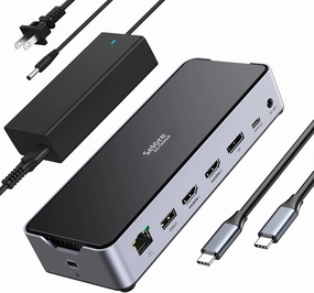 USB C Docking Station 3 Monitors Laptop Dock Dual Monitor with 2 HDMI DisplayPort 4K144Hz,USB A 2.0/3.0,USB C 3.1 10Gbps&30W Output,Ethernet,MicroSD&SD,Audio&Mic,150W DC Power for Dell/Lenovo/HP smart audio hub,voice control speaker,Alexa compa