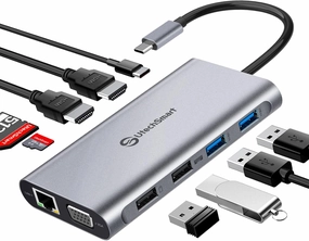 USB C Docking Station Dual Monitor, UtechSmart 11 in 1 USB C Hub Triple Display, Laptop Dock with 2 HDMI, Ethernet, VGA, 100W PD, SD/TF Card Slot, 4USB for MacBook Dell HP Surface Lenovo ASUS smart audio hub,voice control speaker,Alexa compatible audio,