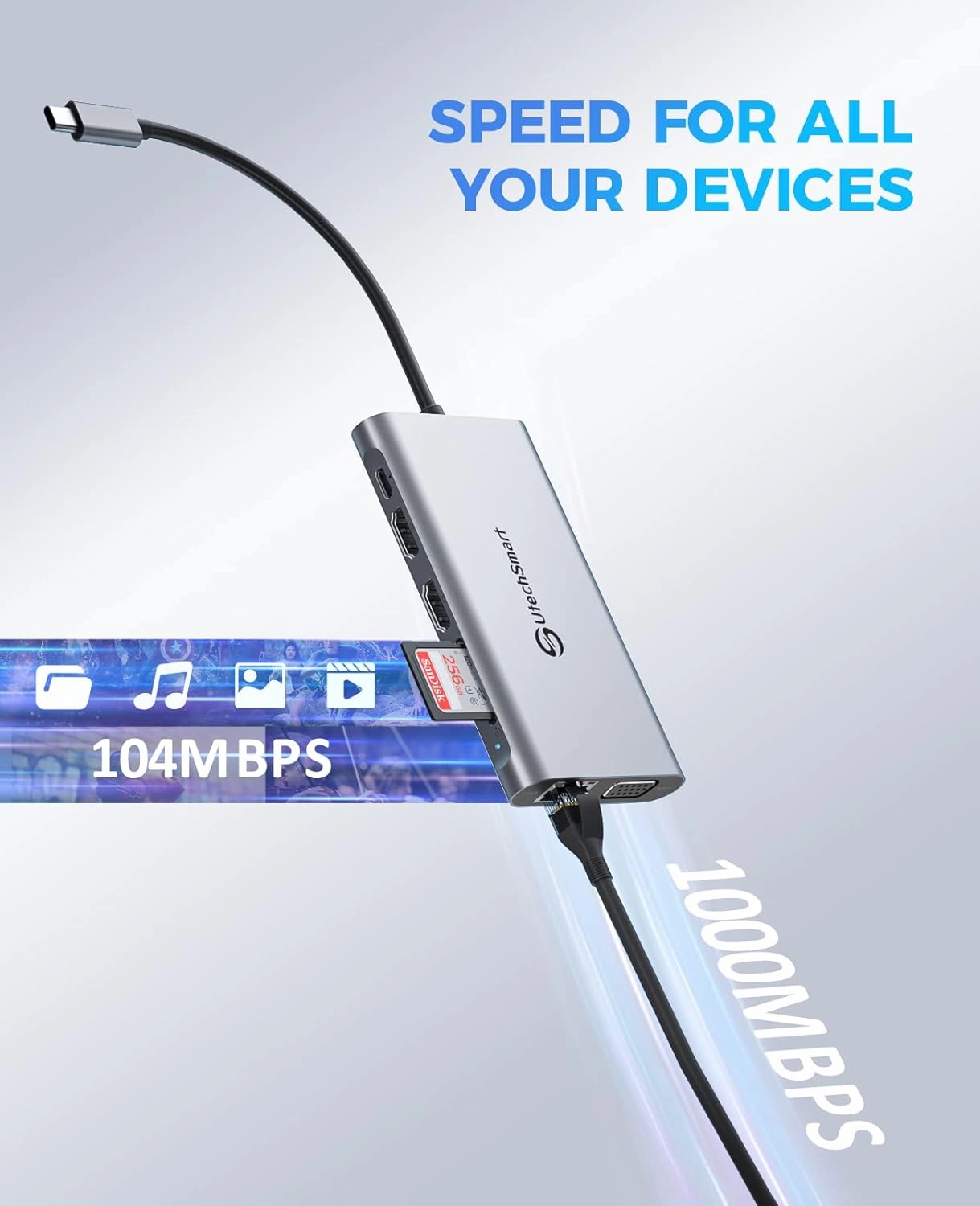 USB C Docking Station Dual Monitor, UtechSmart 11 in 1 USB C Hub Triple Display, Laptop Dock with 2 HDMI, Ethernet, VGA, 100W PD, SD/TF Card Slot, 4USB for MacBook Dell HP Surface Lenovo ASUS