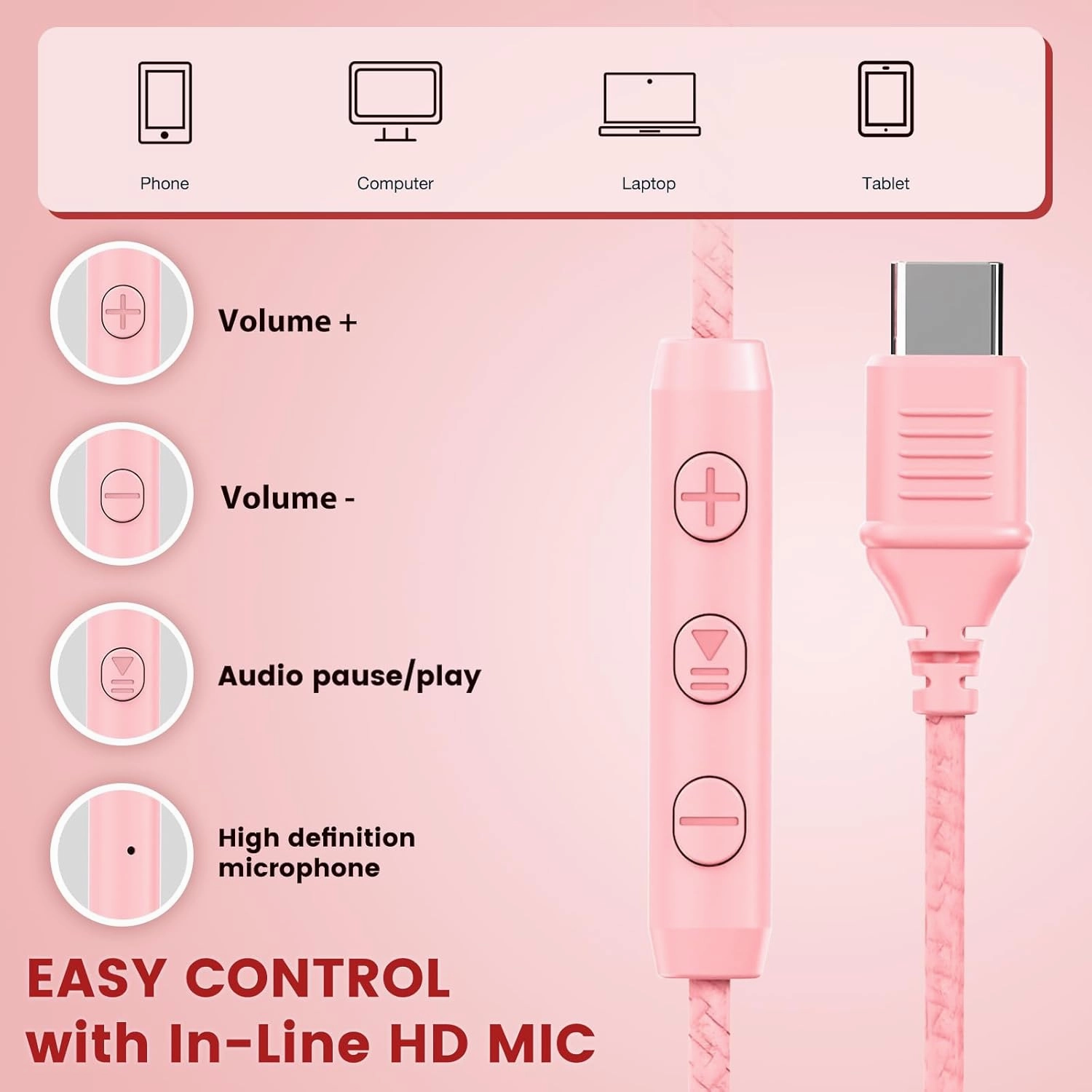 USB C Headphones Wired, Over Ear USB C Wired Headphones with Microphone, Volume Control, HD Stereo Sound, Foldable USB Type C Headphones for Adult/Teens/Chromebook/Laptop/Computer/iPhone,Pink