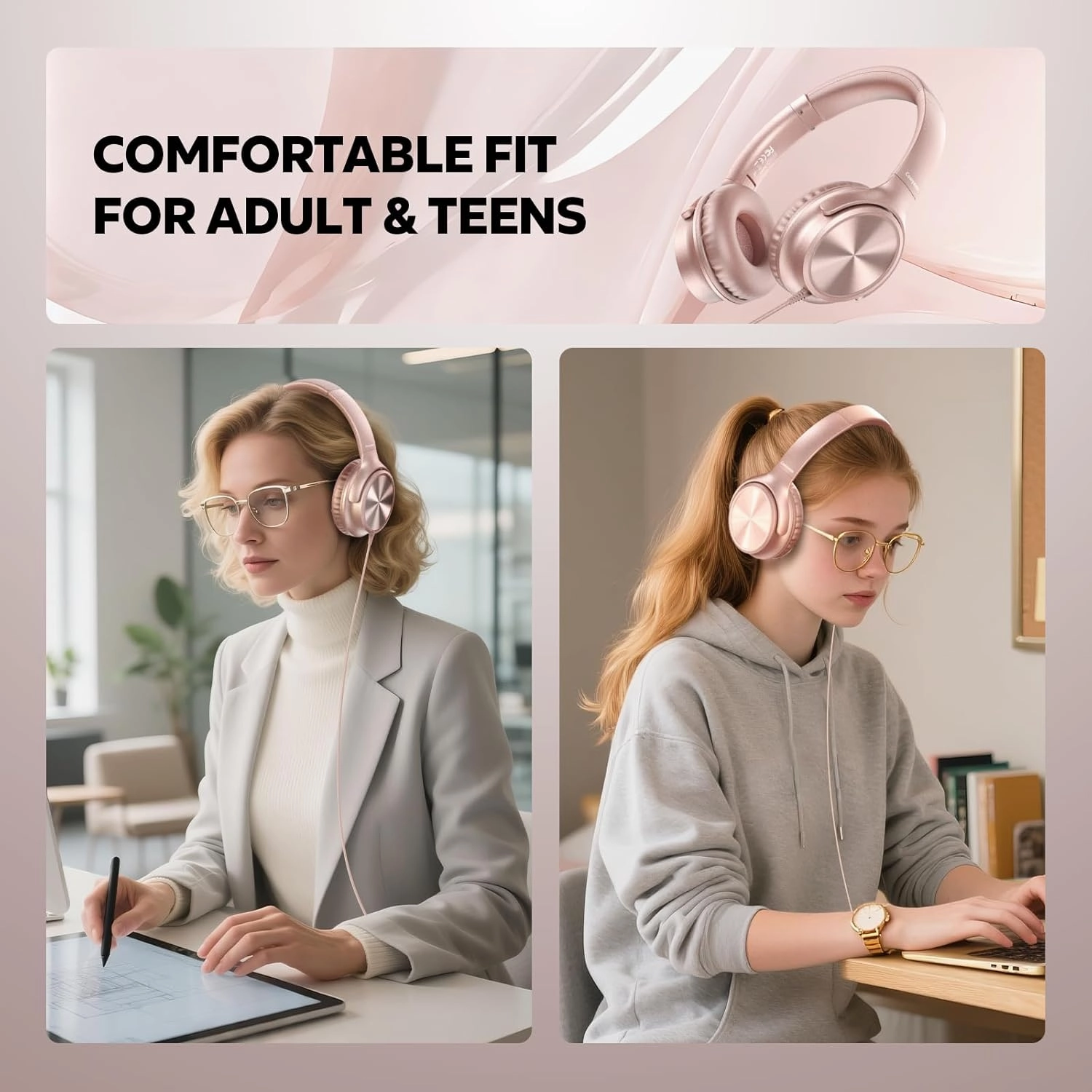 USB C Headphones Wired, Over Ear USB C Wired Headphones with Microphone, Volume Control, HD Stereo Sound, Foldable USB Type C Headphones for Adult/Teens/Chromebook/Laptop/Computer/iPhone,Rose