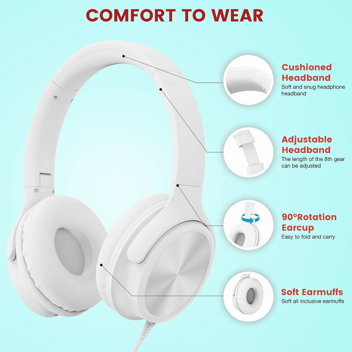 USB C Headphones Wired, Over Ear USB C Wired Headphones with Microphone, Volume Control, HD Stereo Sound, Foldable USB Type C Headphones for Adult/Teens/Chromebook/Laptop/Computer/iPhone,White