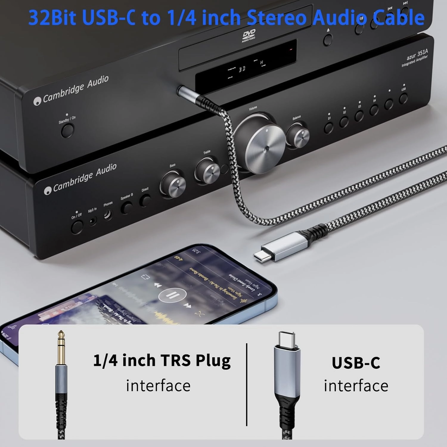 USB C to 1/4 inch Stereo Audio Cable 10ft, Realtek ALC5686 32Bit 384 KHz DAC, Type C to 1/4 Stereo Audio Cable Compatible for Smartphone,Tablet,Laptop, iPhone 15 and More