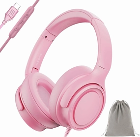 USB-C Wired Over-Ear Headphones with Mic, Premium Sound Quality, Noise-Isolating Ear Cups, Compatible with iPhone 15/16, Samsung S24/S23, Type-C Devices, with Carrying Pouch (Pink) over-ear headphones,closed back headphones,wireless studio cans,