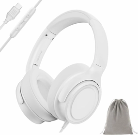 USB-C Wired Over-Ear Headphones with Mic, Premium Sound Quality, Noise-Isolating Ear Cups, Compatible with iPhone 15/16, Samsung S24/S23, Type-C Devices, with Carrying Pouch (White) over-ear headphones,closed back headphones,wireless studio cans,