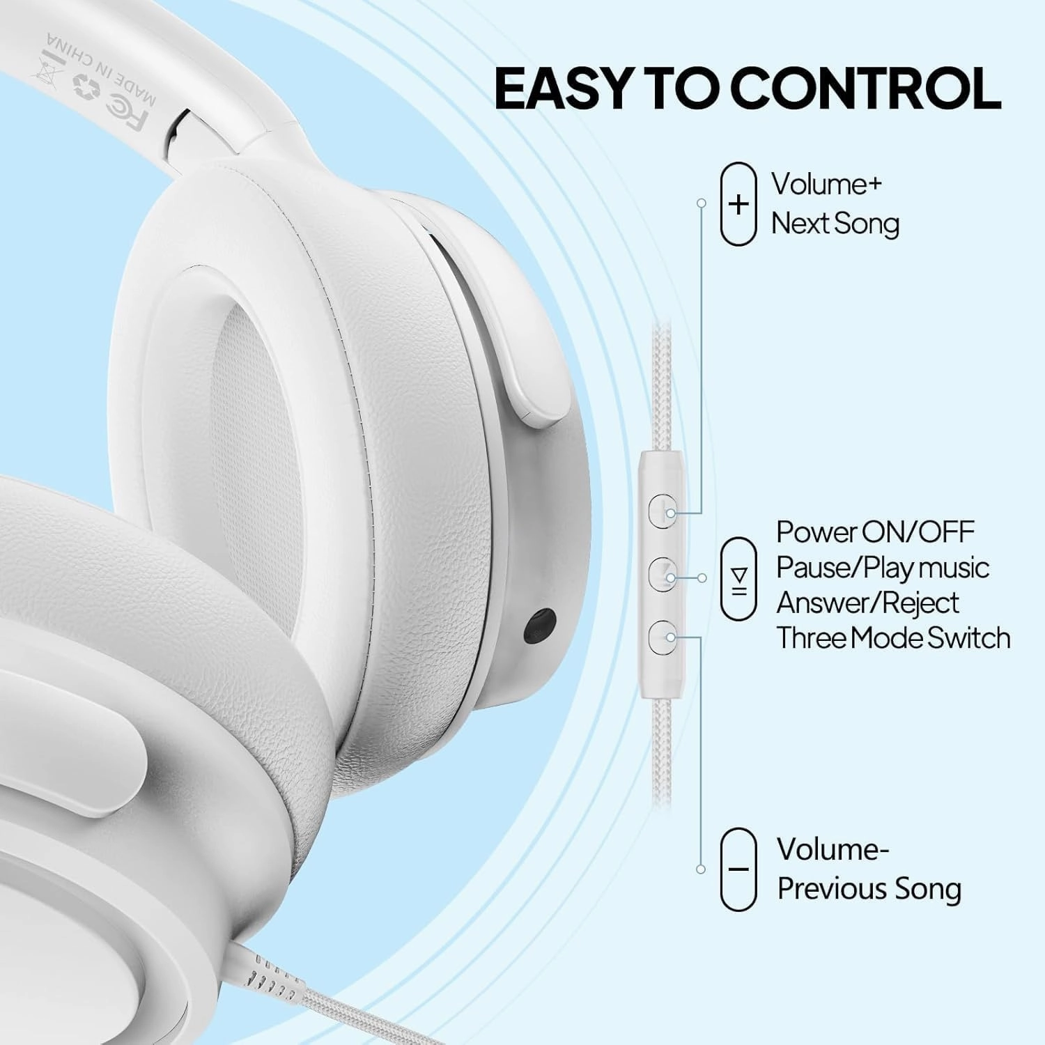 USB-C Wired Over-Ear Headphones with Mic, Premium Sound Quality, Noise-Isolating Ear Cups, Compatible with iPhone 15/16, Samsung S24/S23, Type-C Devices, with Carrying Pouch (White)