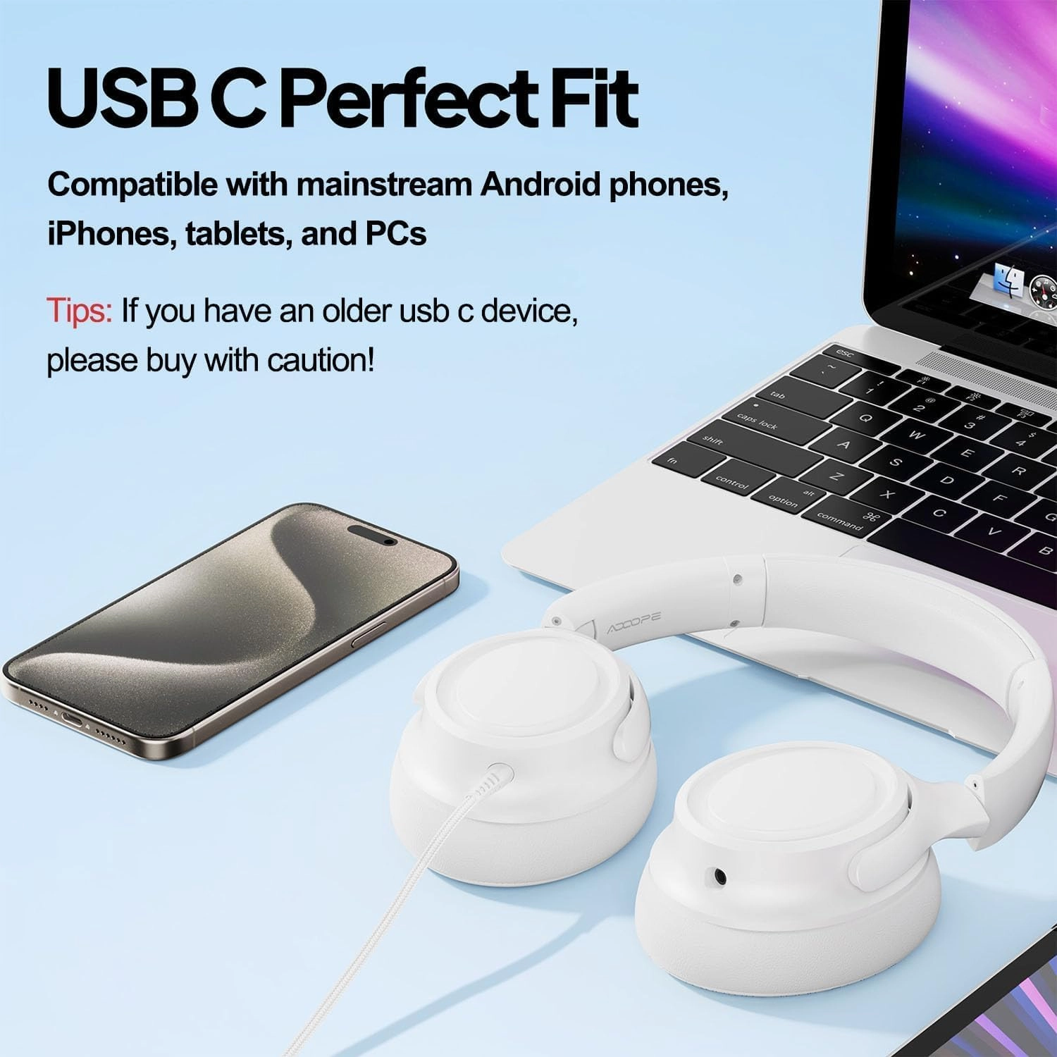 USB-C Wired Over-Ear Headphones with Mic, Premium Sound Quality, Noise-Isolating Ear Cups, Compatible with iPhone 15/16, Samsung S24/S23, Type-C Devices, with Carrying Pouch (White)