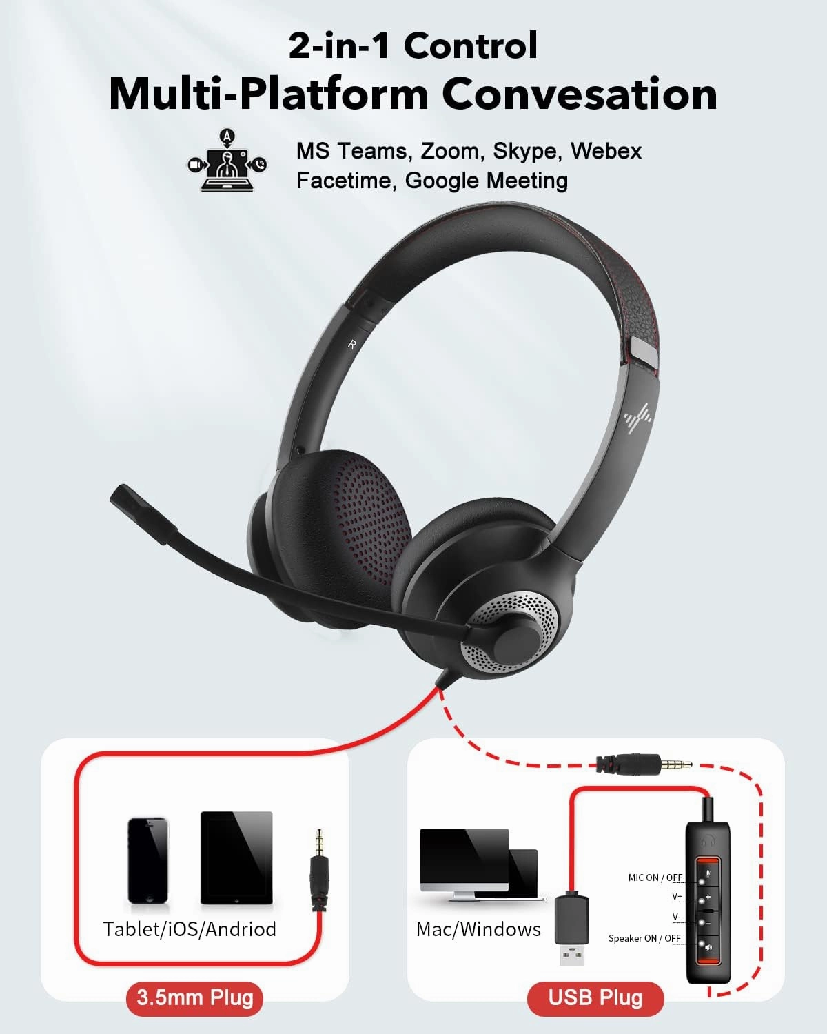 USB Headset with Mic for PC, On-Ear Computer Laptop Headphones with Noise Cancelling Microphone in-line Control for Home Office Online Class Skype Zoom (USB 3.5mm, Black)