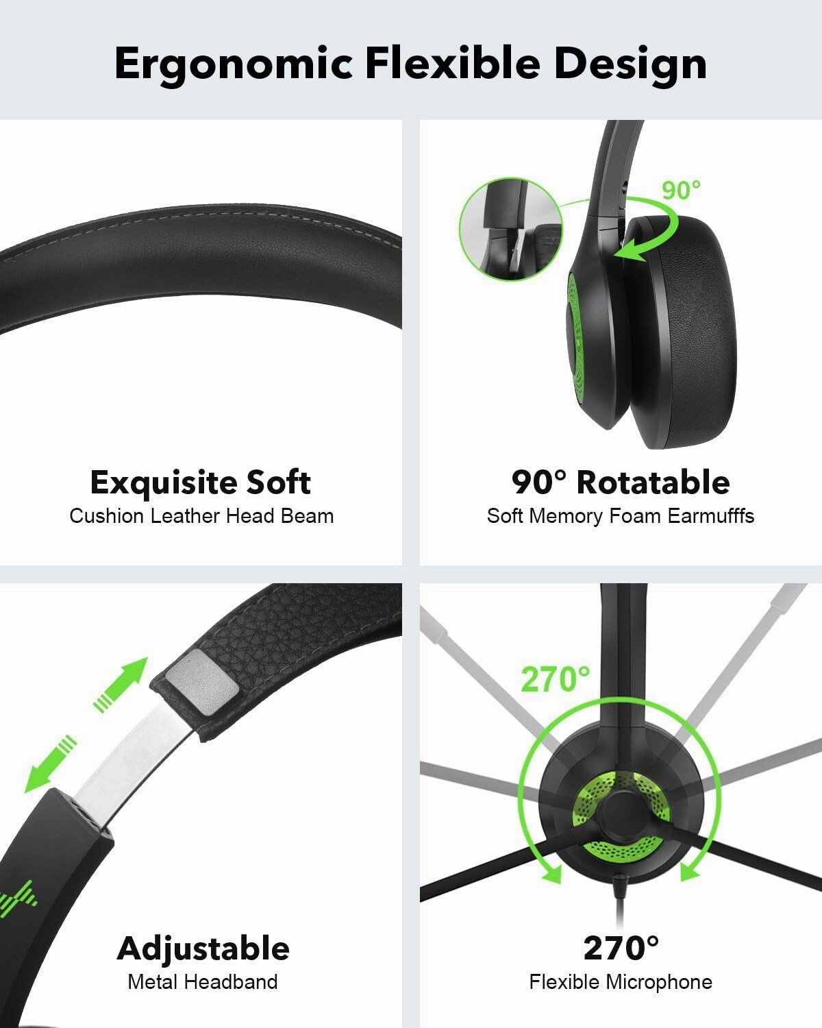 USB Headset with Mic for PC, On-Ear Computer Laptop Headphones with Noise Cancelling Microphone in-line Control for Home Office Online Class (USB 3.5mm, Green)