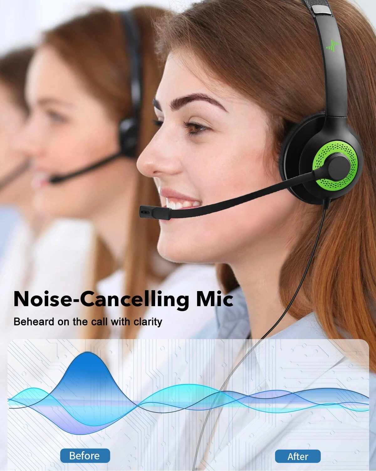 USB Headset with Mic for PC, On-Ear Computer Laptop Headphones with Noise Cancelling Microphone in-line Control for Home Office Online Class (USB 3.5mm, Green)