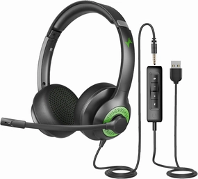 USB Headset with Mic for PC, On-Ear Computer Laptop Headphones with Noise Cancelling Microphone in-line Control for Home Office Online Class (USB 3.5mm, Green) noise cancelling headphones,ANC headphones,travel headphones,