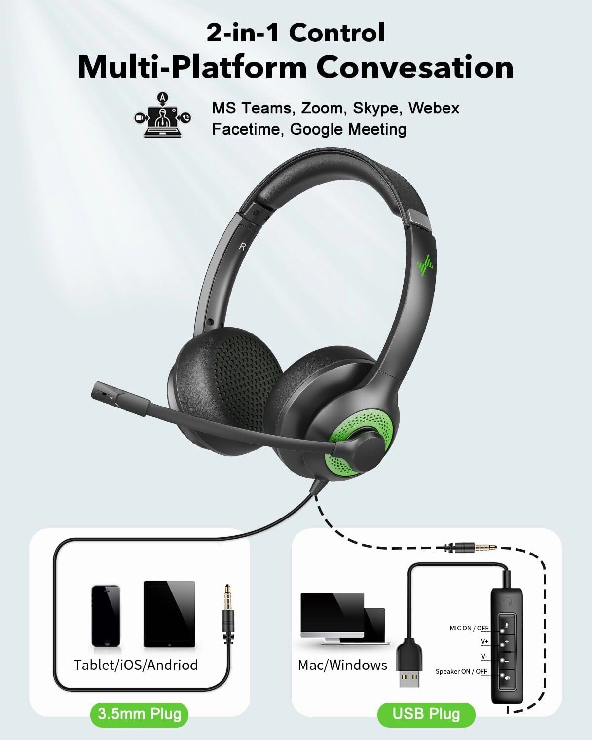 USB Headset with Mic for PC, On-Ear Computer Laptop Headphones with Noise Cancelling Microphone in-line Control for Home Office Online Class (USB 3.5mm, Green)