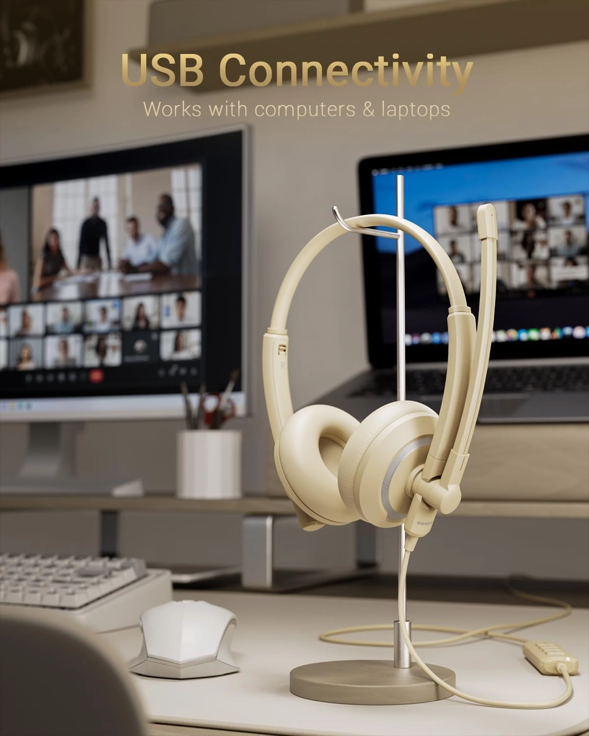 USB Headset with Microphone for PC Laptop - Headphones with Noise Cancelling Microphone for Computer,On-Ear Wired Office Call Center Headset for Boom Skype Webinars,Lightweight-Apricot