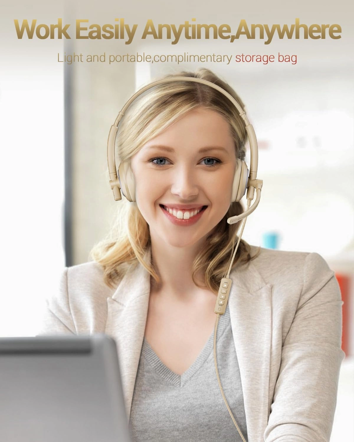 USB Headset with Microphone for PC Laptop - Headphones with Noise Cancelling Microphone for Computer,On-Ear Wired Office Call Center Headset for Boom Skype Webinars,Lightweight-Apricot
