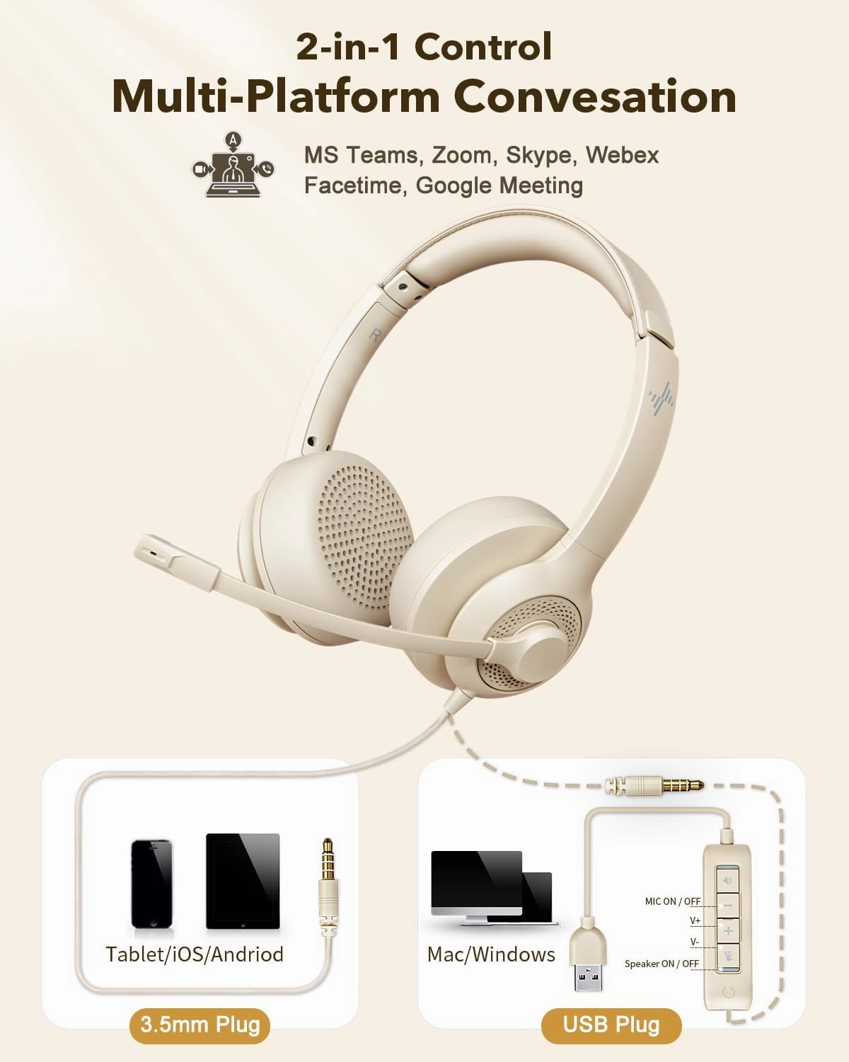 USB Headset with Microphone for PC, On-Ear Computer Laptop Headphones with Noise Cancelling Mic in-line Control for Home Office Online Class Zoom (USB 3.5mm, Apricot)