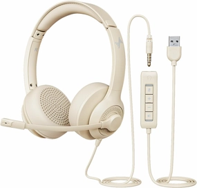 USB Headset with Microphone for PC, On-Ear Computer Laptop Headphones with Noise Cancelling Mic in-line Control for Home Office Online Class Zoom (USB 3.5mm, Apricot) noise cancelling headphones,ANC headphones,travel headphones,