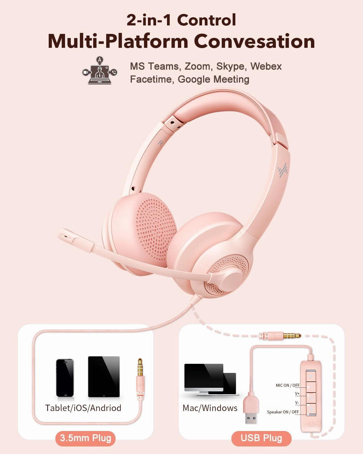USB Headset with Microphone for PC, On-Ear Computer Laptop Headphones with Noise Cancelling Mic in-line Control for Home Office Online Class Zoom (USB 3.5mm, Pink)
